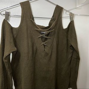 Express Oversized Cut-Out Sleeve Knit Olive Green Sweater - Small